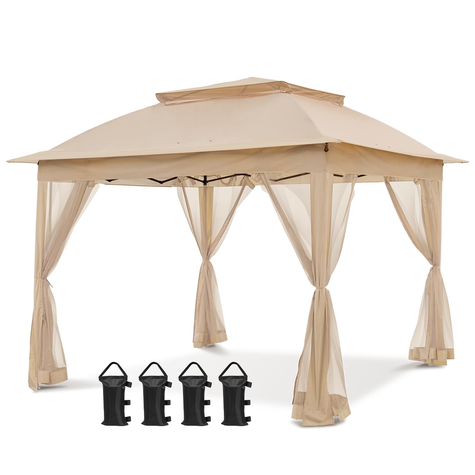 COOS BAY 11x11 Pop Up Gazebo with Mesh Netting, Instant Outdoor Canopy Tent, Water Resistant Shelter with UPF 50+ UV Protection, 121 Sq Ft Coverage, Beige