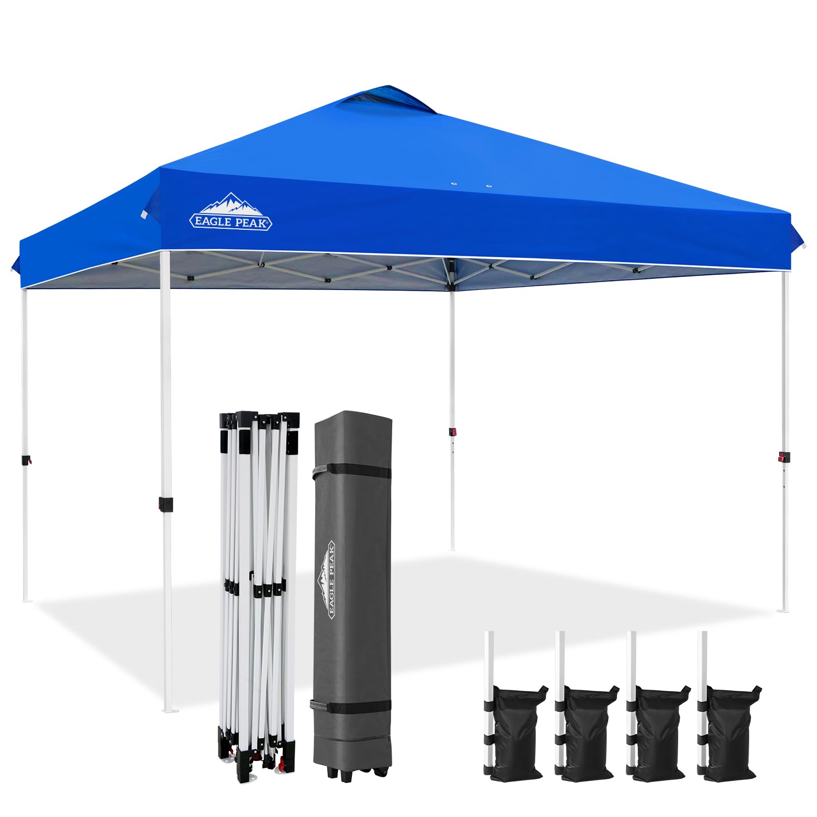 EAGLE PEAK Pop Up Canopy Tent with Wheeled Carry Bag, 8 Stakes, 4 Ropes, 4 Weight Bags, Easy Set Up Tent Canopy, 10x10 ft, 100sqft of Shade, Blue