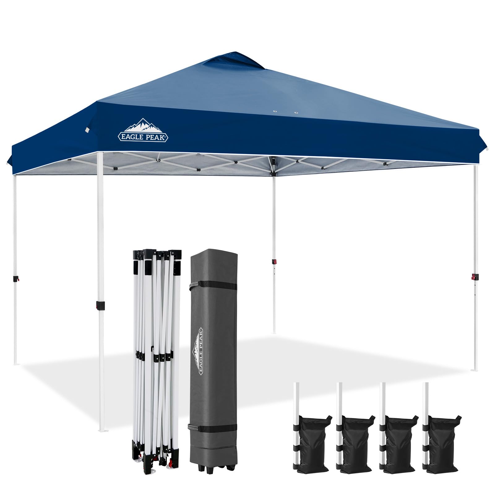 EAGLE PEAK Pop Up Canopy Tent with Wheeled Carry Bag, 8 Stakes, 4 Ropes, 4 Weight Bags, Easy Set Up Tent Canopy, 10x10 ft, 100sqft of Shade, Blue