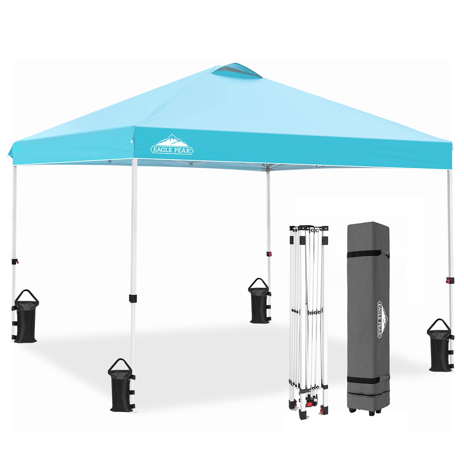 EAGLE PEAK Pop Up Canopy Tent with Wheeled Carry Bag, 8 Stakes, 4 Ropes, 4 Weight Bags, Easy Set Up Tent Canopy, 10x10 ft, 100sqft of Shade, Blue