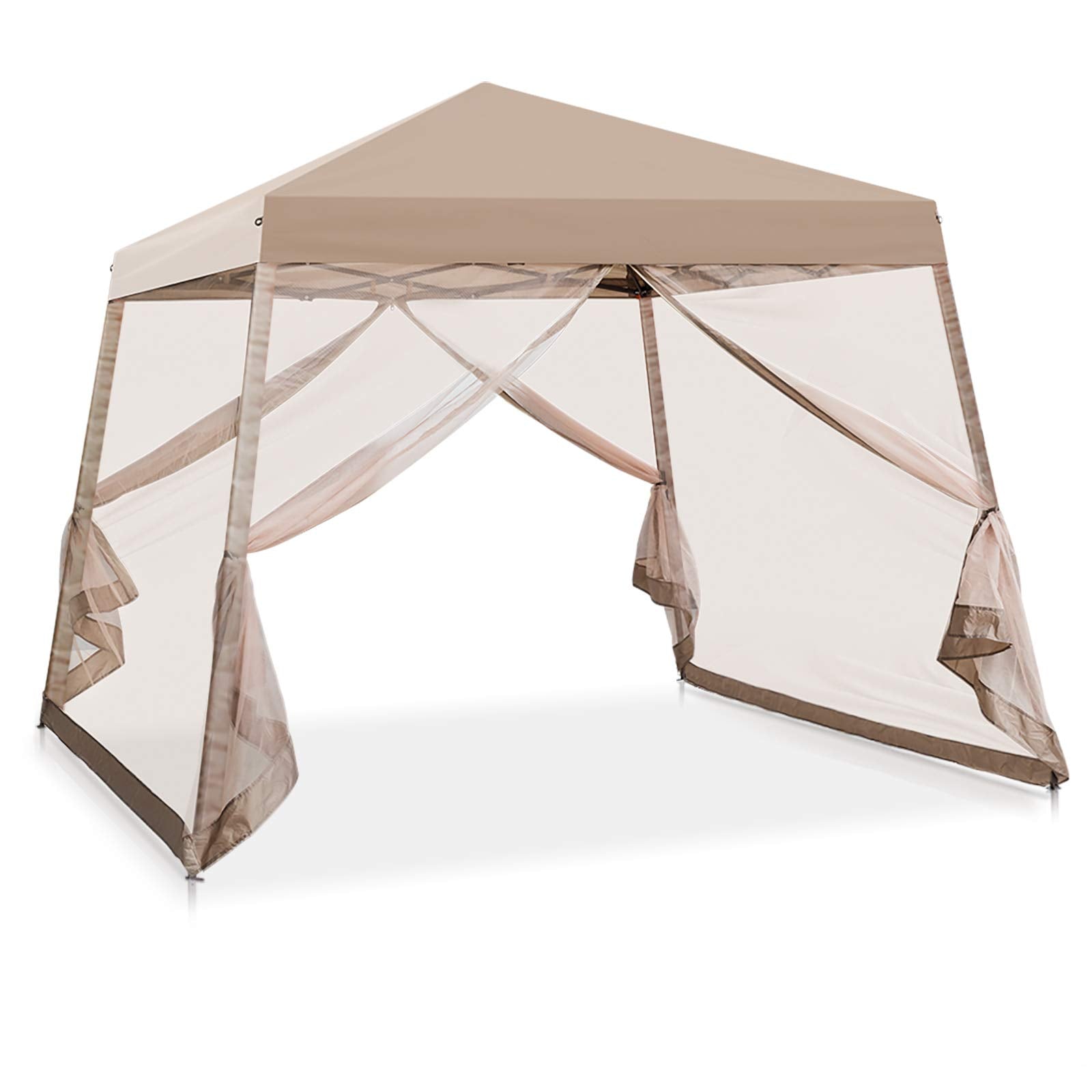 COOS BAY 10x10 Pop Up Canopy Tent with Screen Netting, Slant Leg Canopy with UPF 50+ UV Protection, 64 Sq Ft Shade, One Person Setup with Carry Bag, Beige