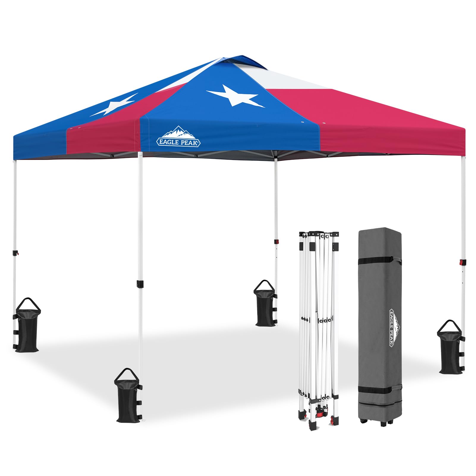 EAGLE PEAK Pop Up Canopy Tent with Wheeled Carry Bag, 8 Stakes, 4 Ropes, 4 Weight Bags, Easy Set Up Tent Canopy, 10x10 ft, 100sqft of Shade, Blue