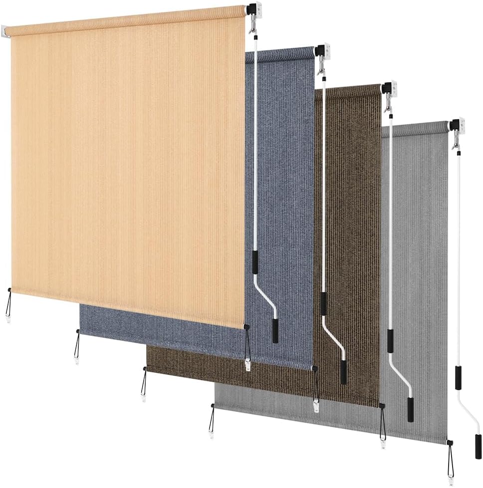 KELIXU Patio Shades Roll Up Outdoor Blind, 6' W x 8' H Cordless Sun Shade Privacy Screen with 90% UV Protection Exterior Roller Shade Cloth for Porch Pergola Backyard Windows Balcony, Walnut