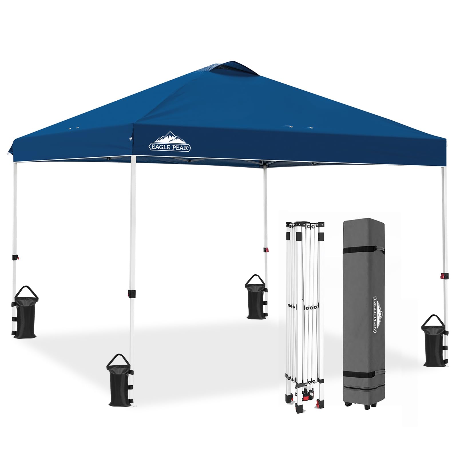 EAGLE PEAK Pop Up Canopy Tent with Wheeled Carry Bag, 8 Stakes, 4 Ropes, 4 Weight Bags, Easy Set Up Tent Canopy, 10x10 ft, 100sqft of Shade, Blue