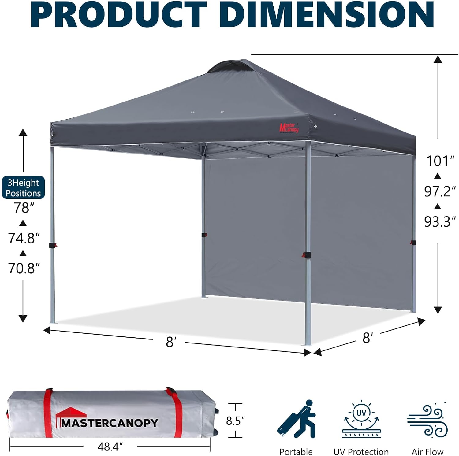 MASTERCANOPY Durable Pop-up Canopy Tent with 1 Sidewall (8'x8',Dark Grey)