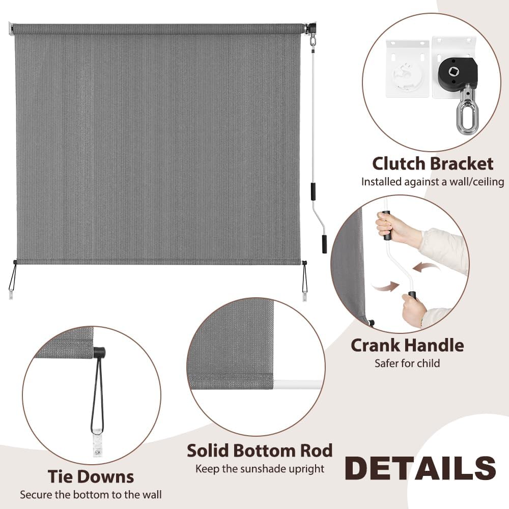 SEEYE Outdoor Sunshade Roller Shades 72" W x 72" H, Cordless Roll Up Shade Blinds Privacy Screen with 90% UV Protection, Exterior Patio Shade Cloth for Porch Pergola Balcony Windows, Dark Grey