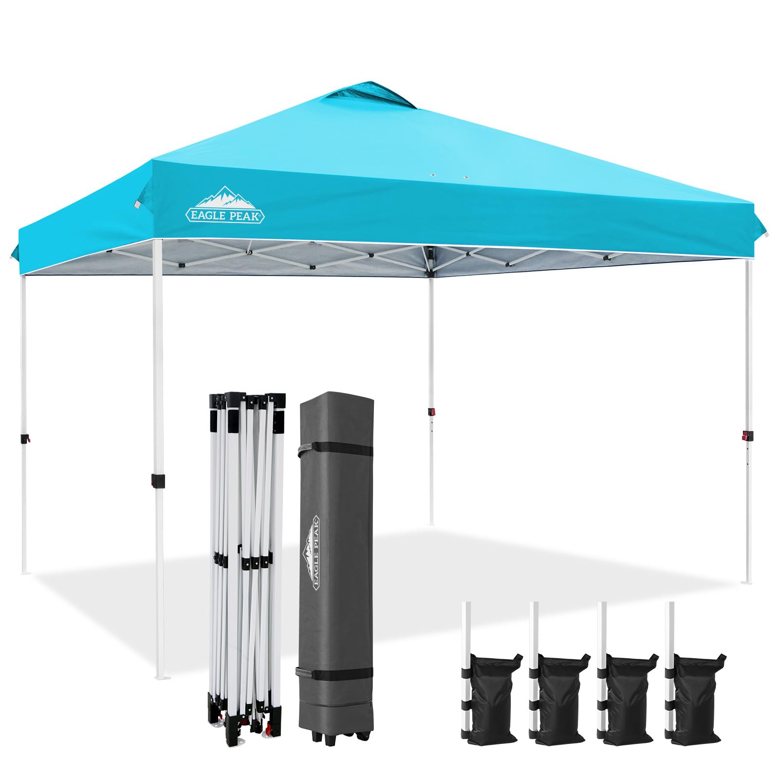 EAGLE PEAK Pop Up Canopy Tent with Wheeled Carry Bag, 8 Stakes, 4 Ropes, 4 Weight Bags, Easy Set Up Tent Canopy, 10x10 ft, 100sqft of Shade, Blue