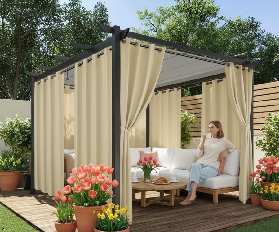 HolidayIdeas Outdoor Curtains for Patio Waterproof, 4 Panels - 54 x 108 Inch - Privacy Protection & Light Filtering Curtains Navy Grommet Outside Curtains for Porch, Gazebo, Pergola, Backyard