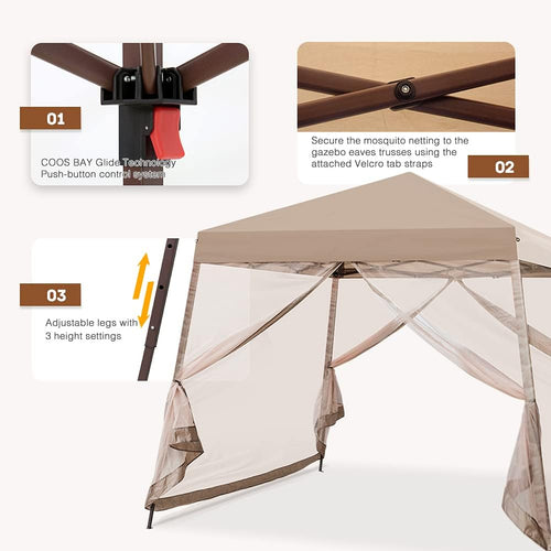 COOS BAY 10x10 Pop Up Canopy Tent with Screen Netting, Slant Leg Canopy with UPF 50+ UV Protection, 64 Sq Ft Shade, One Person Setup with Carry Bag, Beige