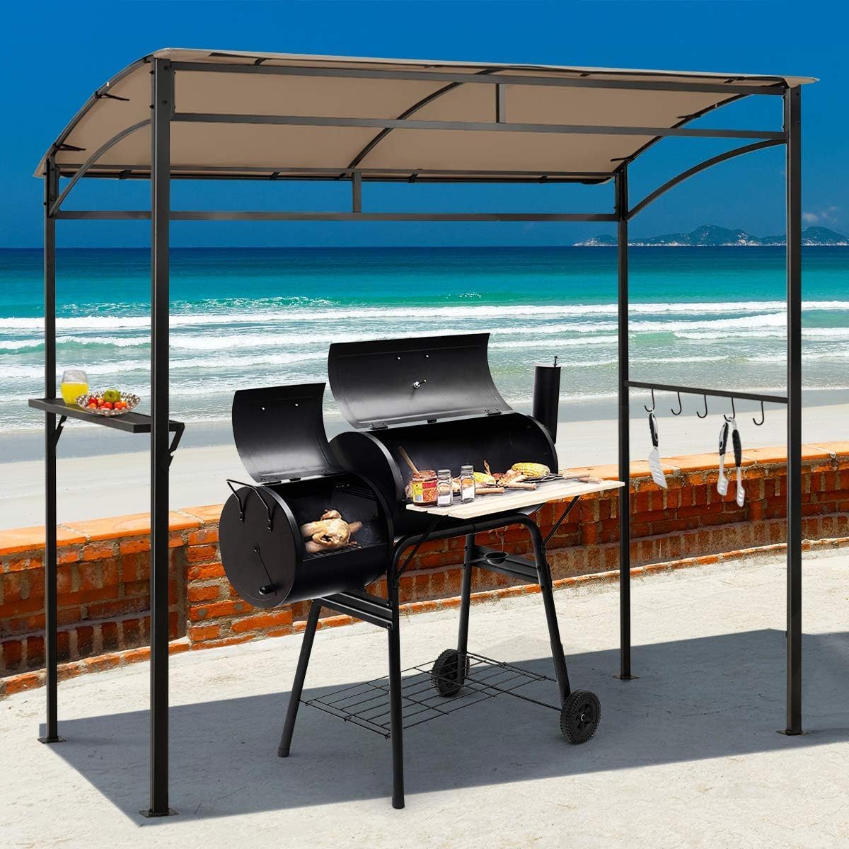 Moccha 7x4.4ft Grill Gazebo, Outdoor BBQ Gazebo with Storage Shelf, Hanging Hooks, Beer Opening Setting, Heavy-Duty Metal Frame, Grill Canopy Tent Sunshade Awning for Backyard, Patio, Garden, Brown