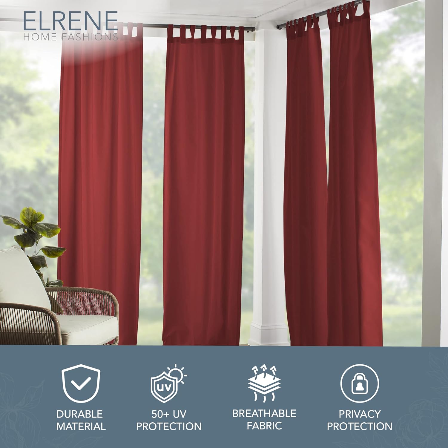Elrene Home Fashions Matine Weatherproof Tab-Top Indoor/Outdoor Solid Color Curtain Panel for Porch, Pergola, Patio, Deck, 52”W x 84”L, Red