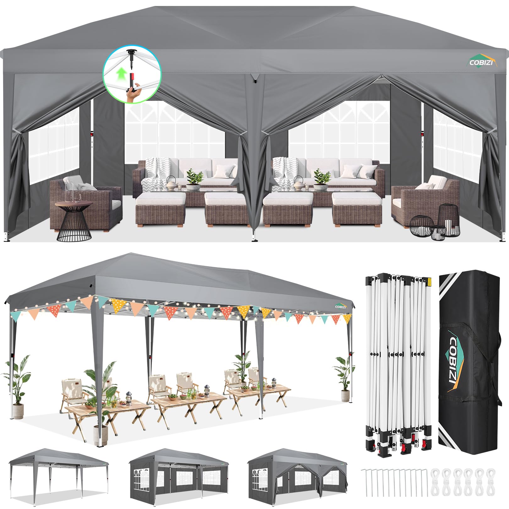 COBIZI 10x20 FT Pop up Canopy Tent with Sidewalls, Party Tents for Parties, Carpas para Fiestas, Easy Set Large Outdoor Popup Patio Gazebo for Backyard,Weddings,Vendor,Commercial Event,White (Upgrade)