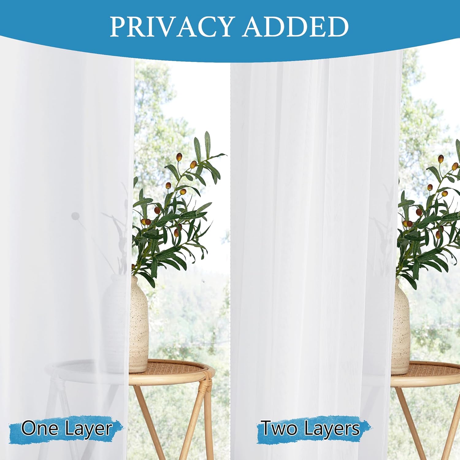 RYB HOME 2 Layers White Outdoor Sheer Curtains for Patio Waterproof, Privacy Added Voile Sheer Light Filtering Outdoor Decor Indoor Curtains for Porch Pergola Living Room, W54 x L84, White, 2 Panels