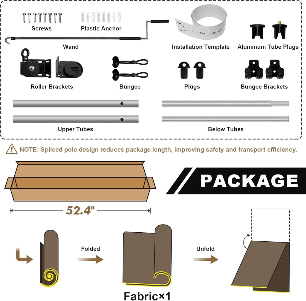Artpuch Outdoor Roller Shade 8' W x 6' H, Mocha Exterior Cordless Patio Shades Roll Up Blinds with Spliced Pole Design, (2 Poles, One-Piece Fabric)