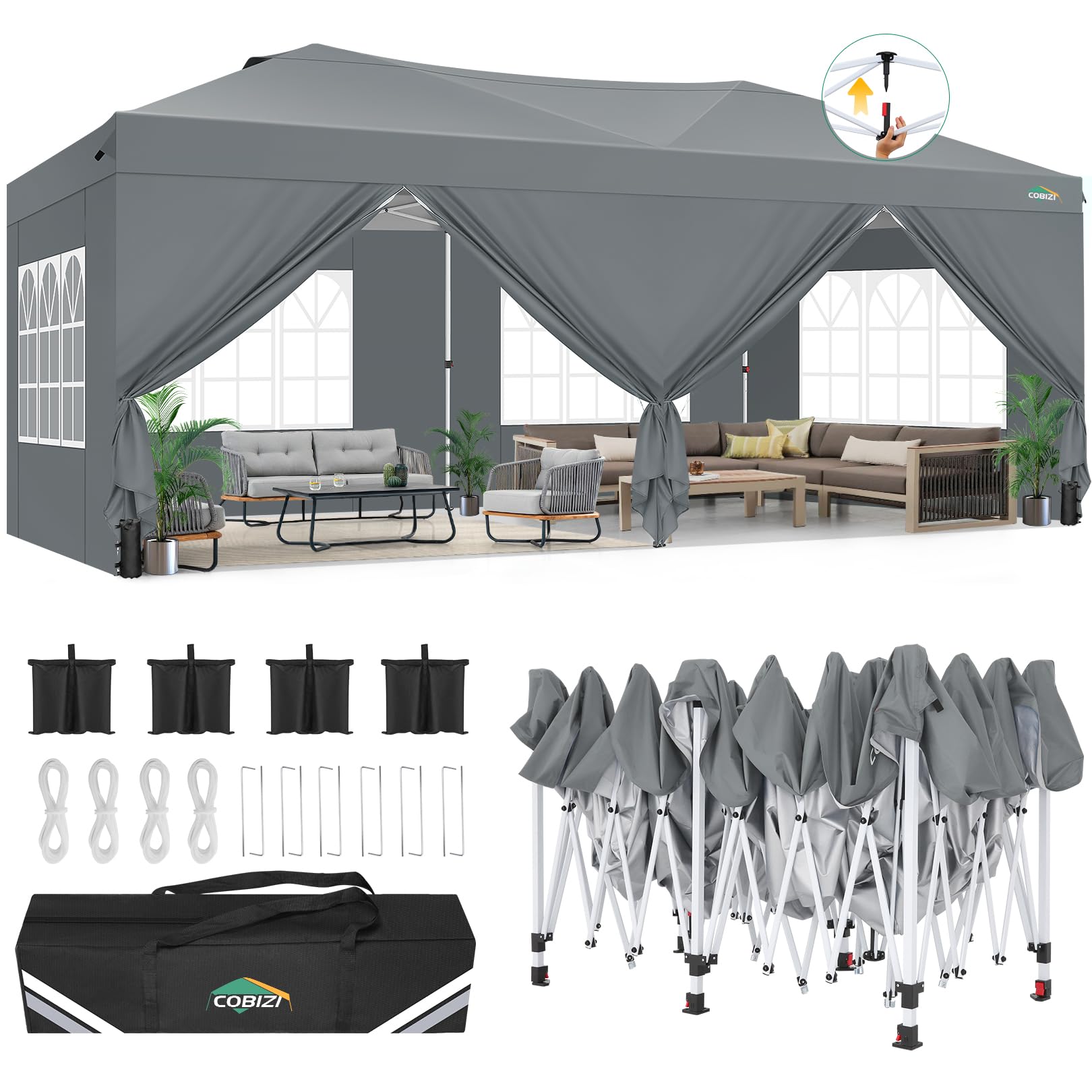 COBIZI Canopy 10x20 Pop Up Canopy Tent with 6 Sidewalls, One Push Party Tents for Parties Outdoor Wedding Waterproof Gazebo Commercial Event Tent with Sandbags, Black