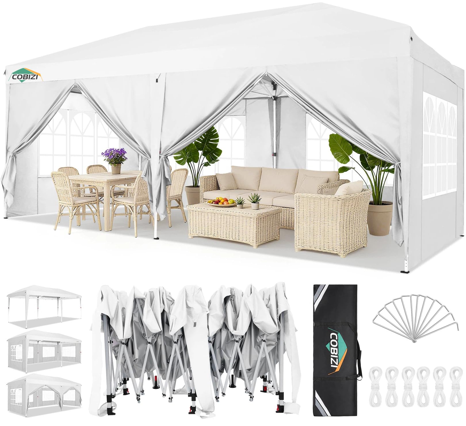 COBIZI 10x20 FT Pop up Canopy Tent with Sidewalls, Party Tents for Parties, Carpas para Fiestas, Easy Set Large Outdoor Popup Patio Gazebo for Backyard,Weddings,Vendor,Commercial Event,White (Upgrade)