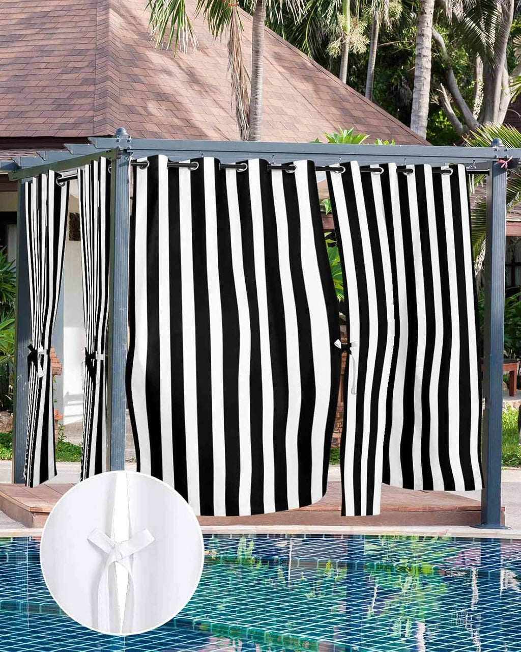 Striped Outdoor Curtains for Patio Waterproof Weatherproof,Black and White Outdoor Curtains,Sun Blocking Privacy Grommet Outside Curtains Weighted Drapes for Gazebo Porch Pergola,1 Panel,54W x 108L