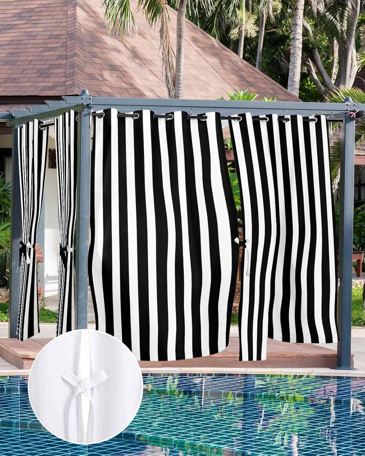 Striped Outdoor Curtains for Patio Waterproof Weatherproof,Black and White Outdoor Curtains,Sun Blocking Privacy Grommet Outside Curtains Weighted Drapes for Gazebo Porch Pergola,1 Panel,54W x 108L