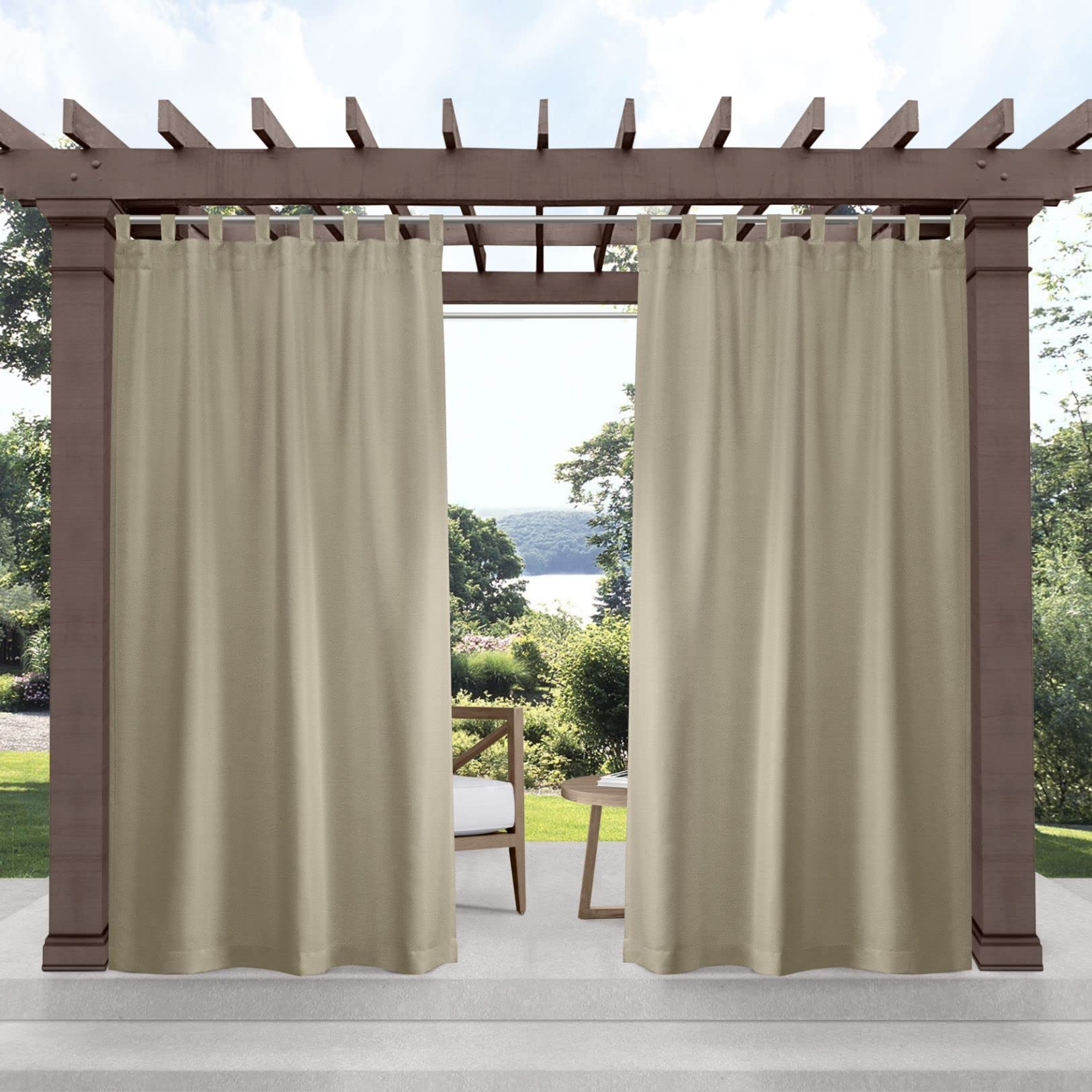 Exclusive Home Cabana Solid Indoor/Outdoor Light Filtering Hook-and-Loop Tab Top Curtain Panel Pair, 54"x96", Vanilla