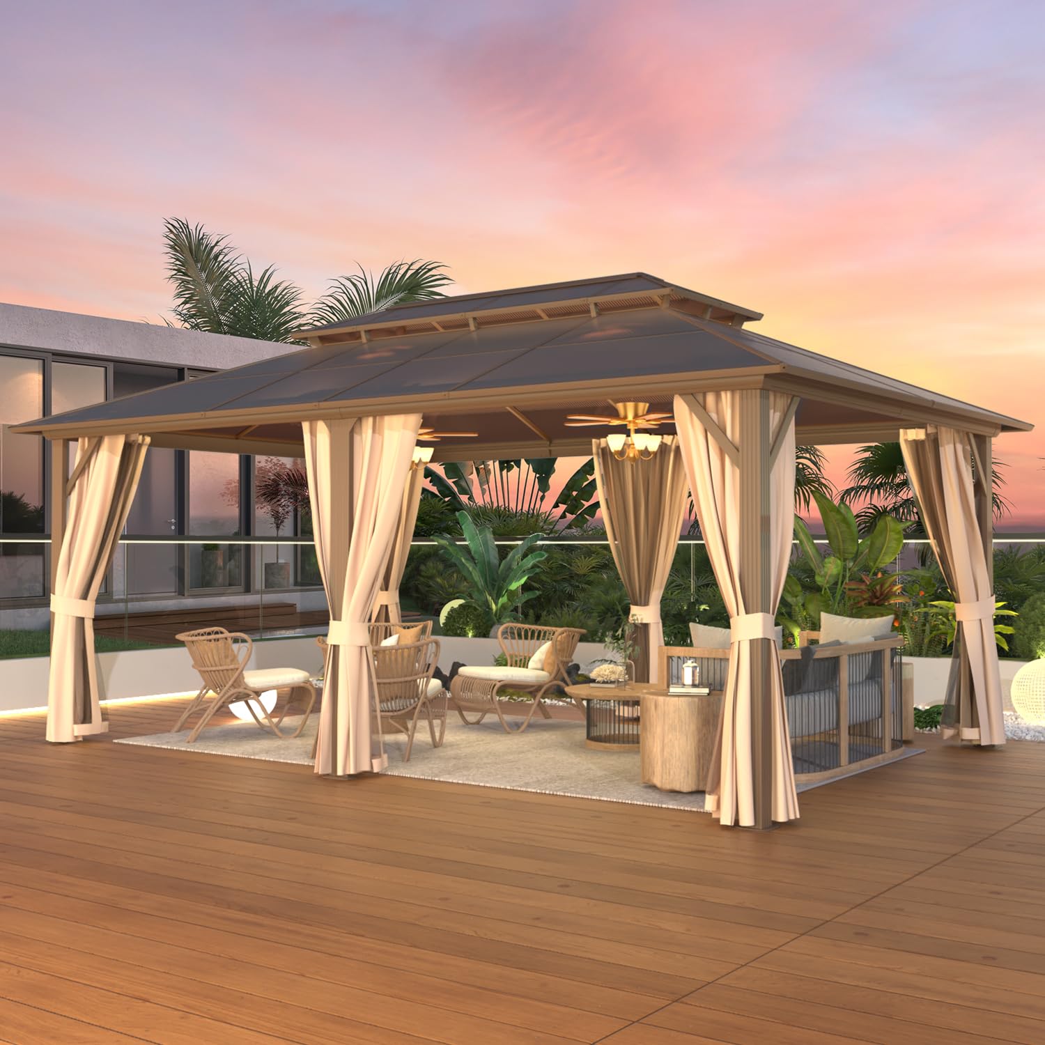 YOLENY 10'x13' Hardtop Gazebo, Outdoor Polycarbonate Double Roof Canopy, Aluminum Frame Permanent Pavilion with Curtains and Netting, Sunshade for Garden, Lawns, Patio