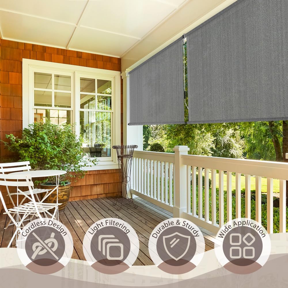 SEEYE Outdoor Sunshade Roller Shades 72" W x 72" H, Cordless Roll Up Shade Blinds Privacy Screen with 90% UV Protection, Exterior Patio Shade Cloth for Porch Pergola Balcony Windows, Dark Grey