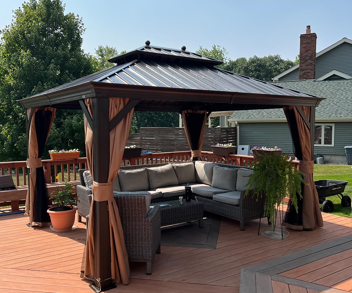 PURPLE LEAF 10' X 12' Hardtop Gazebo Canopy with Netting and Curtains for Outdoor Deck Backyard Heavy Duty Sunshade Outside Metal Patio Permanent Pavilion