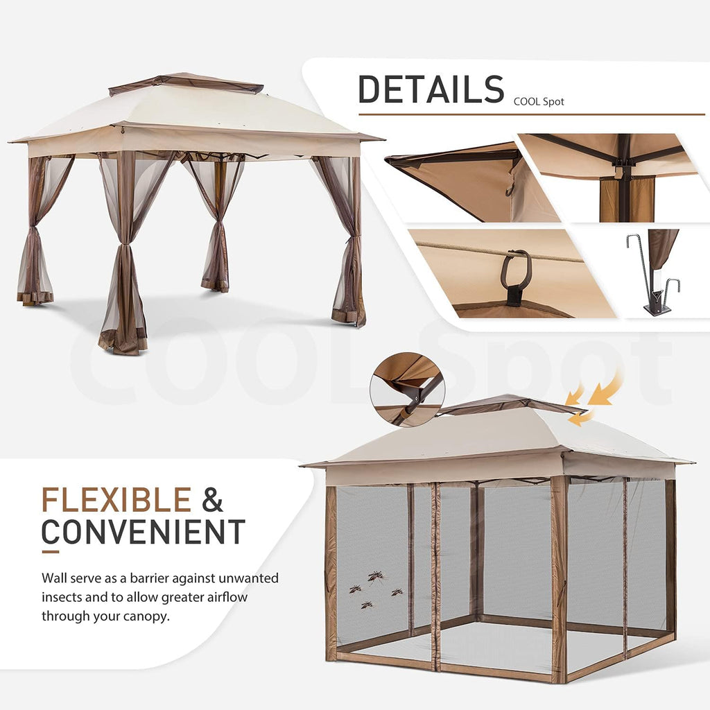 COOS BAY 11x11 Pop Up Gazebo with Mesh Netting, Instant Outdoor Canopy Tent, Water Resistant Shelter with UPF 50+ UV Protection, 121 Sq Ft Coverage, Beige