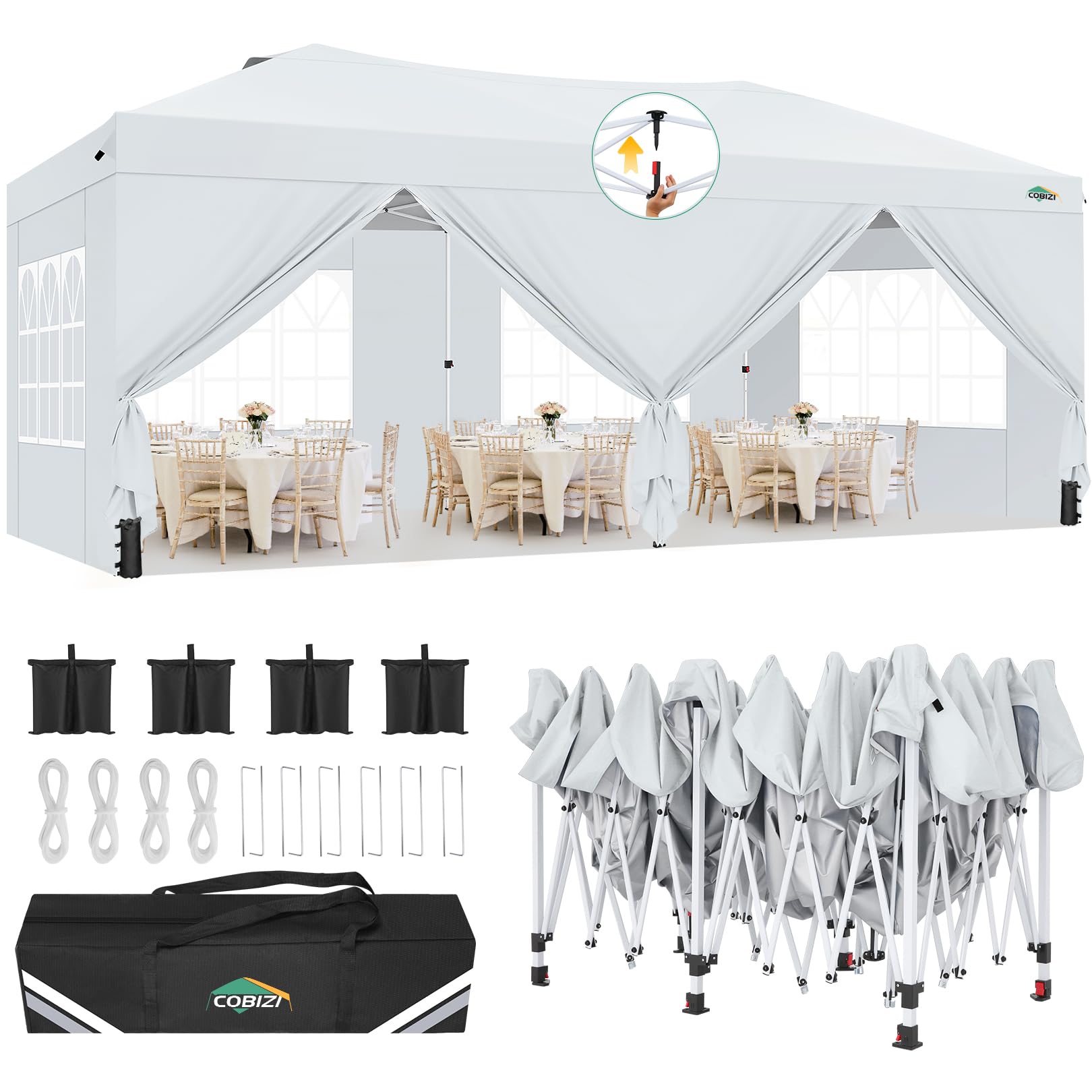 COBIZI Canopy 10x20 Pop Up Canopy Tent with 6 Sidewalls, One Push Party Tents for Parties Outdoor Wedding Waterproof Gazebo Commercial Event Tent with Sandbags, Black