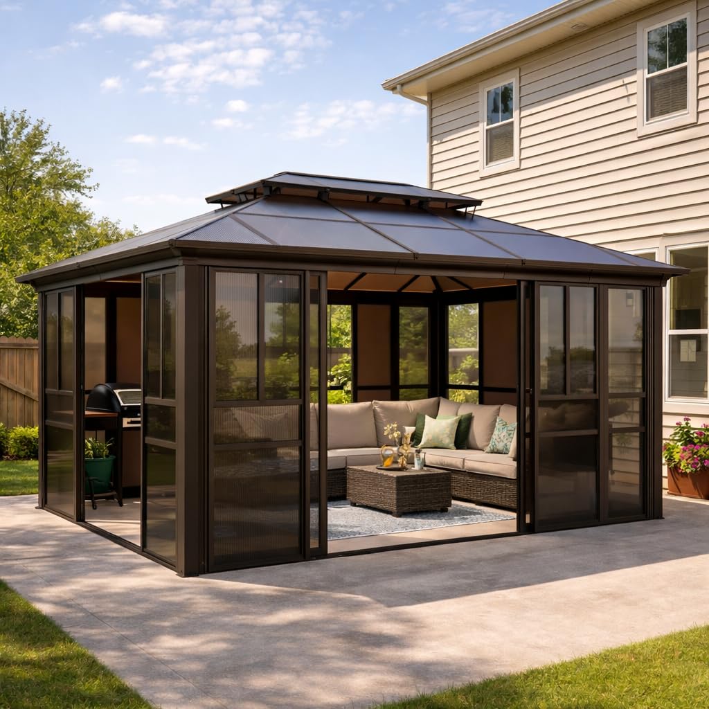 YOLENY 10'x13' Hardtop Gazebo, Outdoor Polycarbonate Double Roof Canopy, Aluminum Frame Permanent Pavilion with Curtains and Netting, Sunshade for Garden, Lawns, Patio