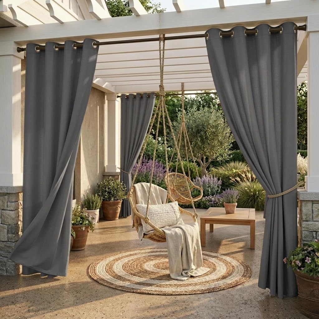 StangH 2 Panels Outdoor Curtains for Patio Waterproof, Blackout Windproof Weatherproof Thermal Insulated Drapes for Pergola/Porch, Thick Privacy Room Dividers for Pool, Grey, W52 x L84