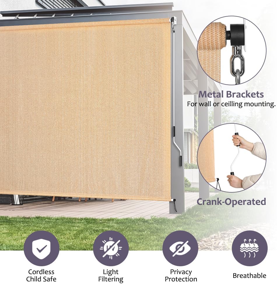 KELIXU Patio Shades Roll Up Outdoor Blind, 6' W x 8' H Cordless Sun Shade Privacy Screen with 90% UV Protection Exterior Roller Shade Cloth for Porch Pergola Backyard Windows Balcony, Walnut