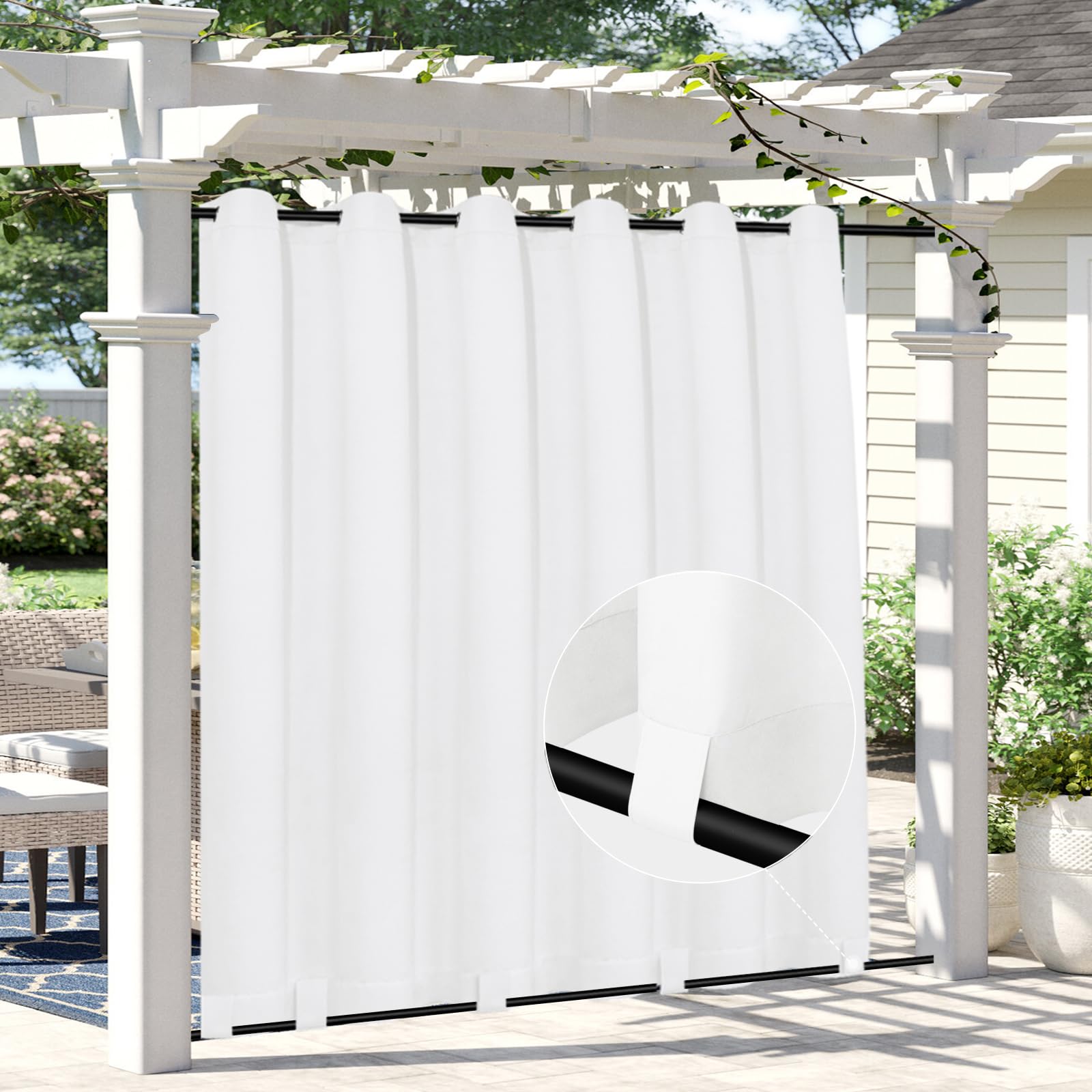 Easy-Going Linen Look Outdoor Curtains Waterproof Windproof Porch Curtains, Soft Thicken Outdoor Privacy Curtains for Patio, Gazebo, Grommet Top and Tab Bottom Drape, 1 Panel, 54x84 inch, White