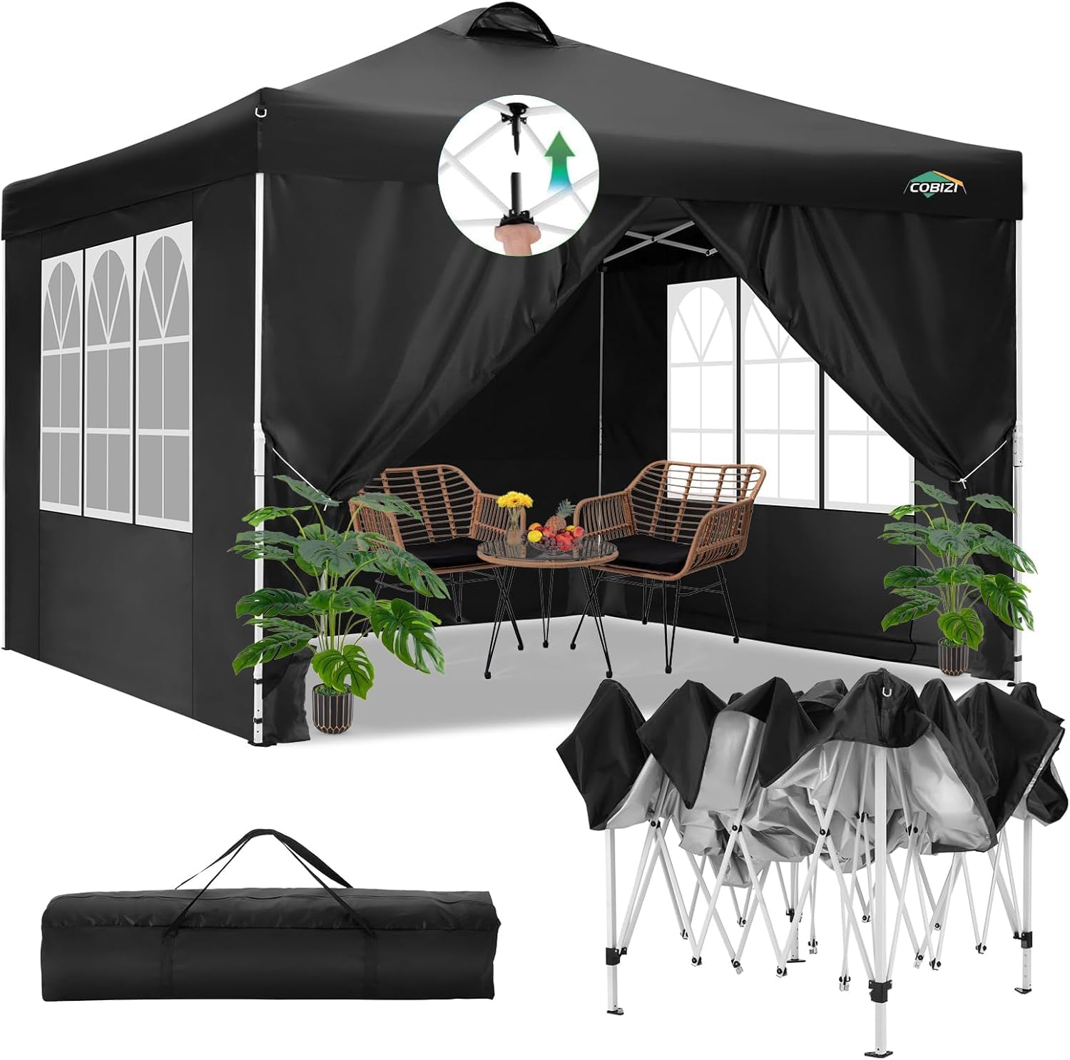COBIZI Canopy 10x20 Pop Up Canopy Tent with 6 Sidewalls, One Push Party Tents for Parties Outdoor Wedding Waterproof Gazebo Commercial Event Tent with Sandbags, Black