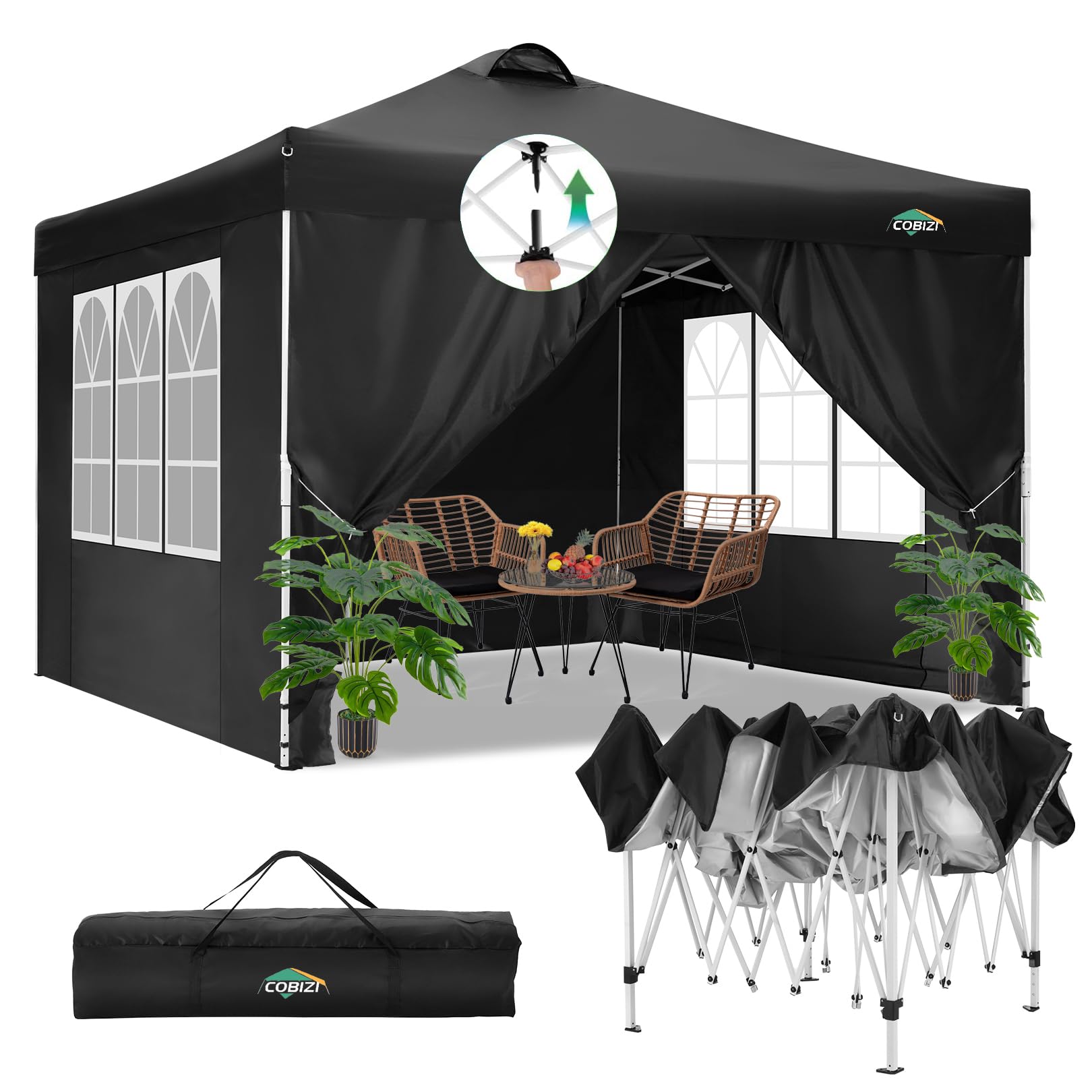 COBIZI Canopy 10x20 Pop Up Canopy Tent with 6 Sidewalls, One Push Party Tents for Parties Outdoor Wedding Waterproof Gazebo Commercial Event Tent with Sandbags, Black