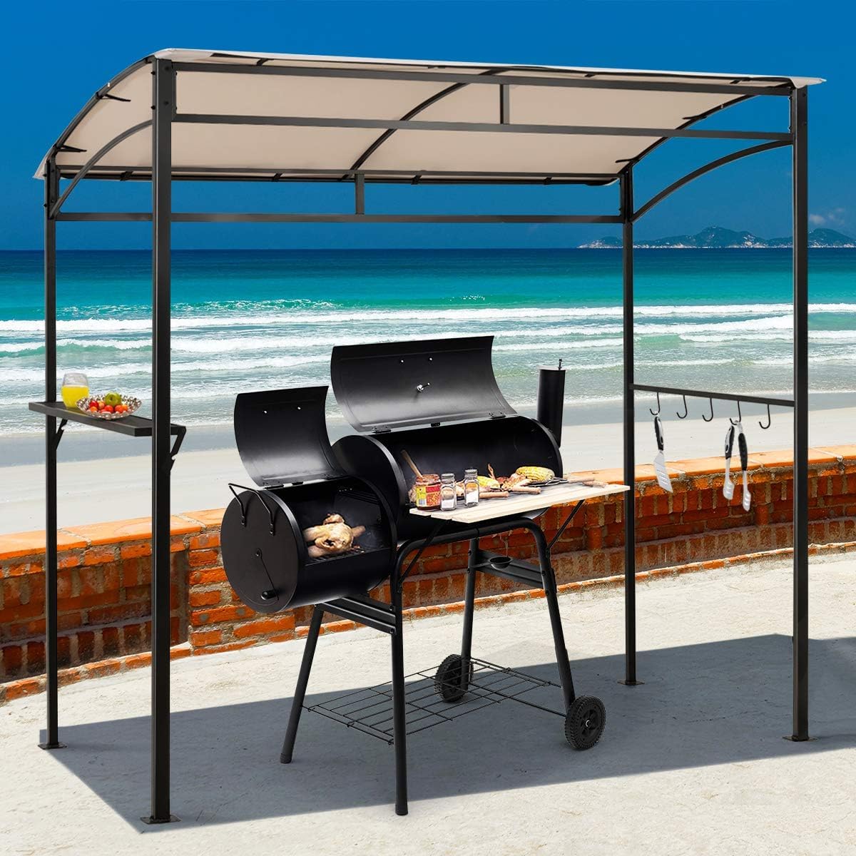 Moccha 7x4.4ft Grill Gazebo, Outdoor BBQ Gazebo with Storage Shelf, Hanging Hooks, Beer Opening Setting, Heavy-Duty Metal Frame, Grill Canopy Tent Sunshade Awning for Backyard, Patio, Garden, Brown