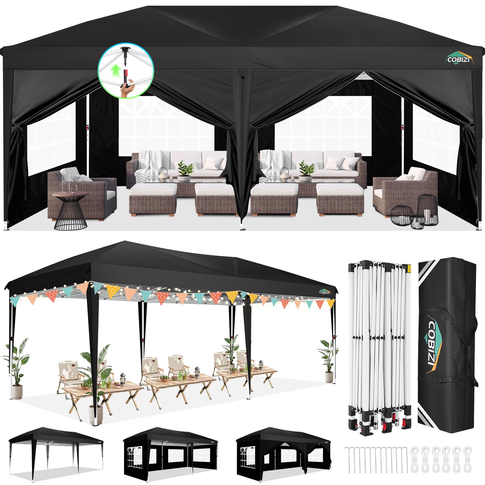 COBIZI 10x20 FT Pop up Canopy Tent with Sidewalls, Party Tents for Parties, Carpas para Fiestas, Easy Set Large Outdoor Popup Patio Gazebo for Backyard,Weddings,Vendor,Commercial Event,White (Upgrade)