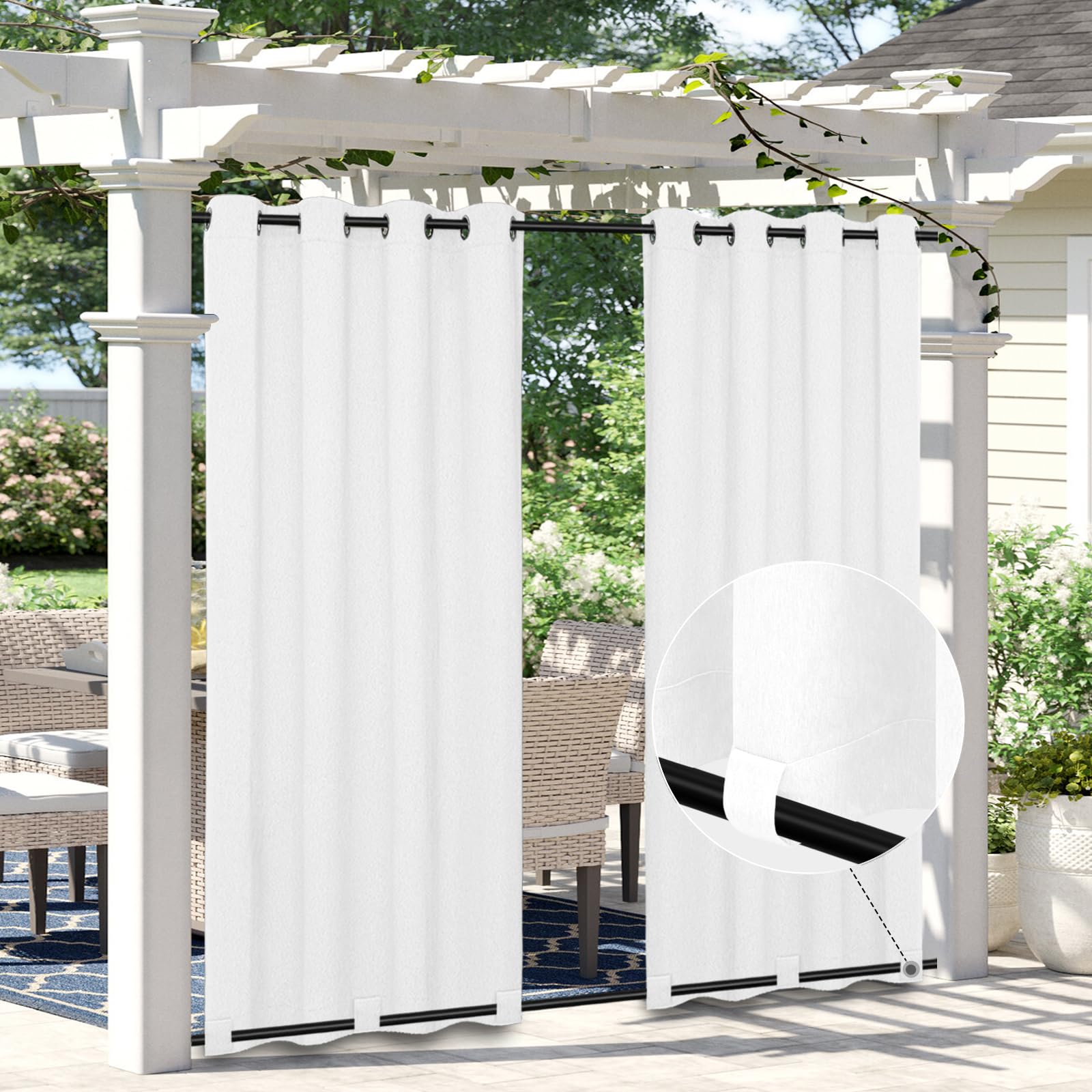 Easy-Going Linen Look Outdoor Curtains Waterproof Windproof Porch Curtains, Soft Thicken Outdoor Privacy Curtains for Patio, Gazebo, Grommet Top and Tab Bottom Drape, 1 Panel, 54x84 inch, White
