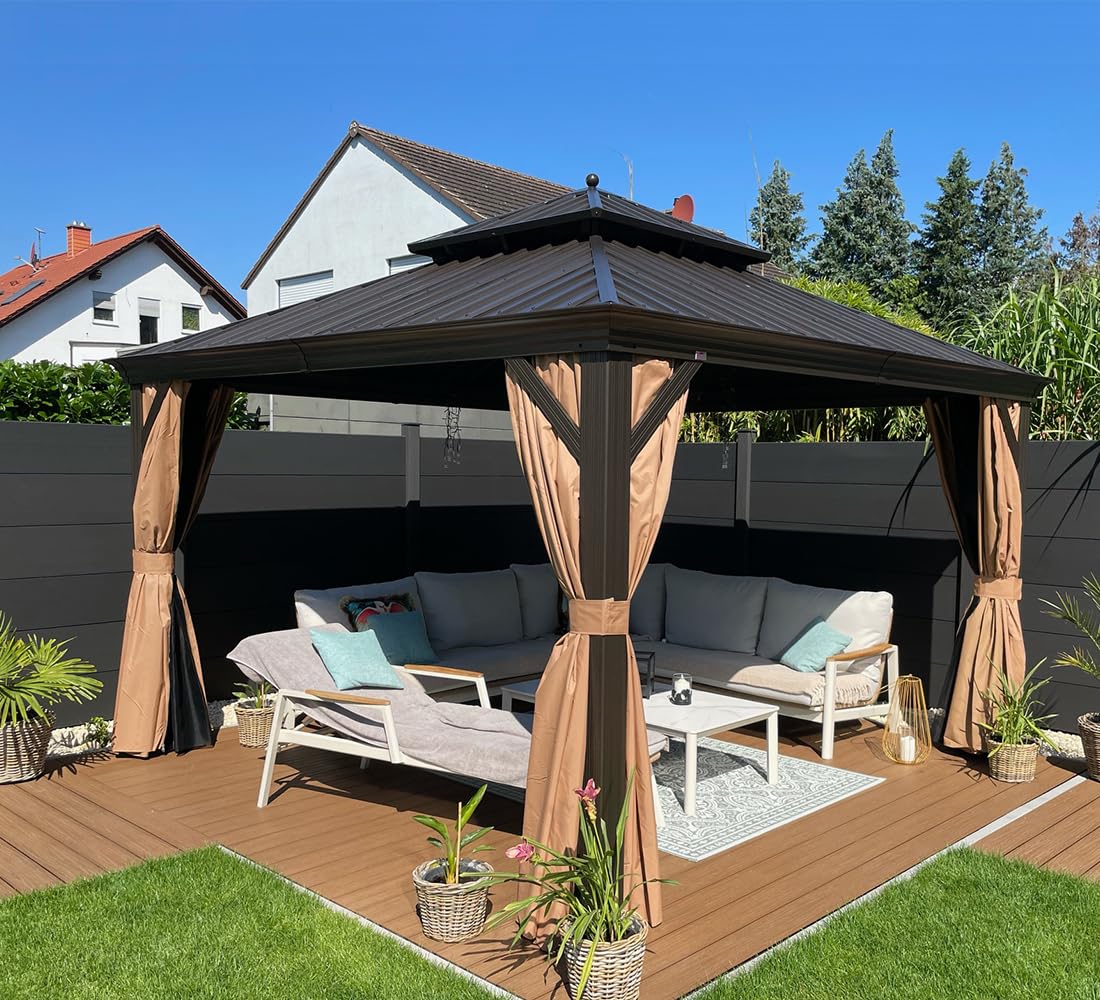 PURPLE LEAF 10' X 12' Hardtop Gazebo Canopy with Netting and Curtains for Outdoor Deck Backyard Heavy Duty Sunshade Outside Metal Patio Permanent Pavilion