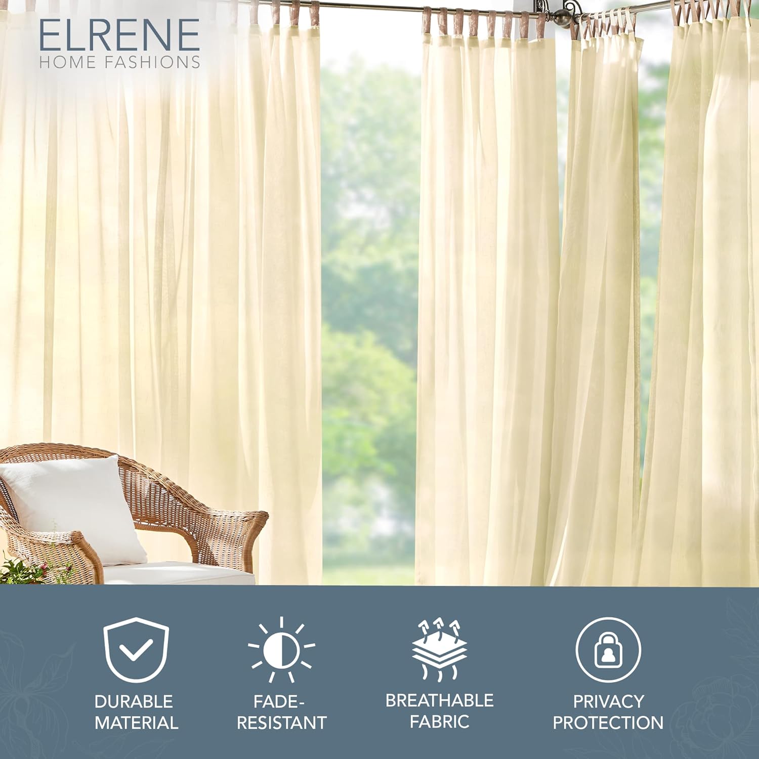 Elrene Home Fashions Darien Weatherproof Tab-Top Sheer Solid Color Indoor/Outdoor Curtain Panel for Porch, Pergola, Patio, Deck, 52”W x 108”L, Natural