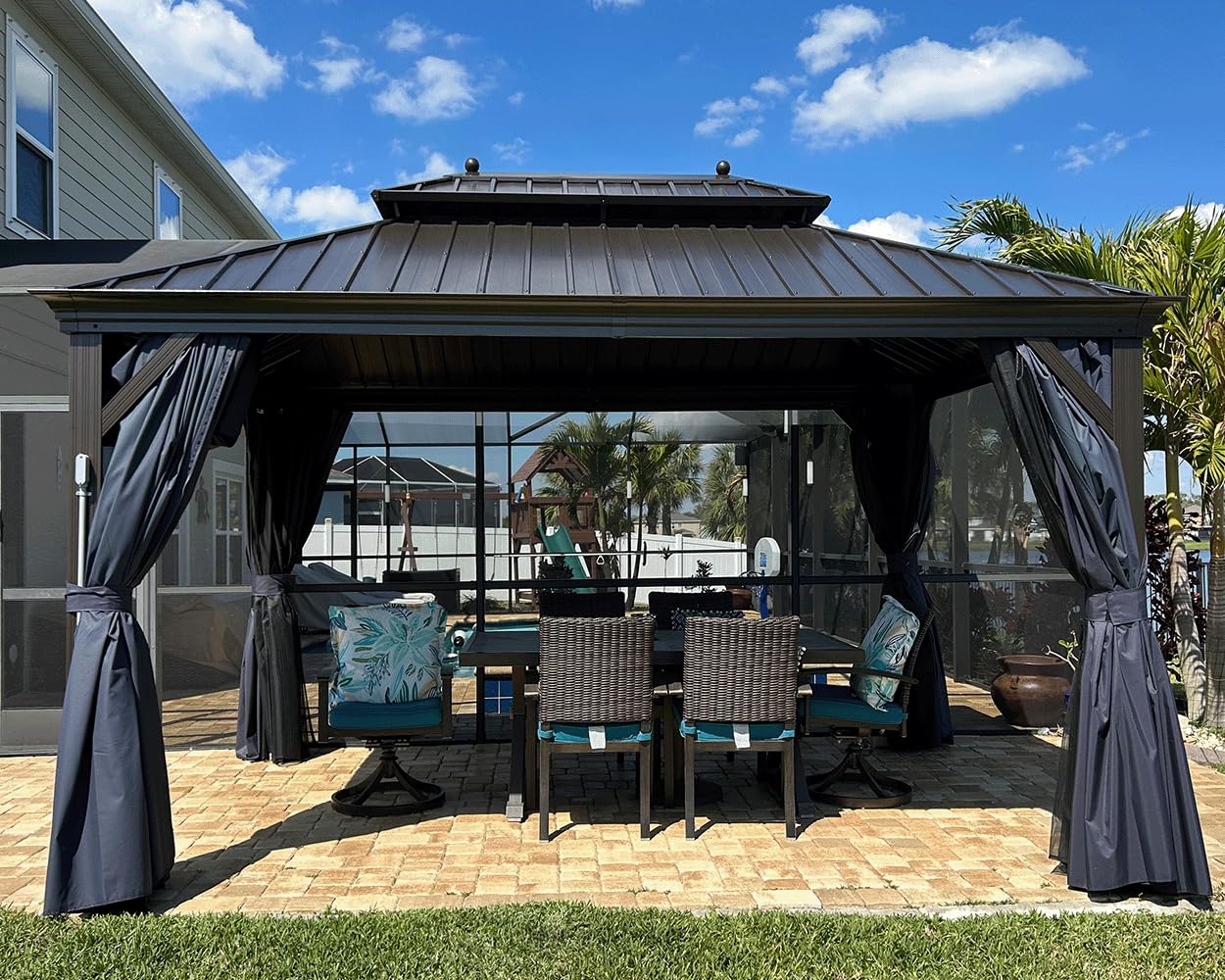 PURPLE LEAF 10' X 12' Hardtop Gazebo Canopy with Netting and Curtains for Outdoor Deck Backyard Heavy Duty Sunshade Outside Metal Patio Permanent Pavilion
