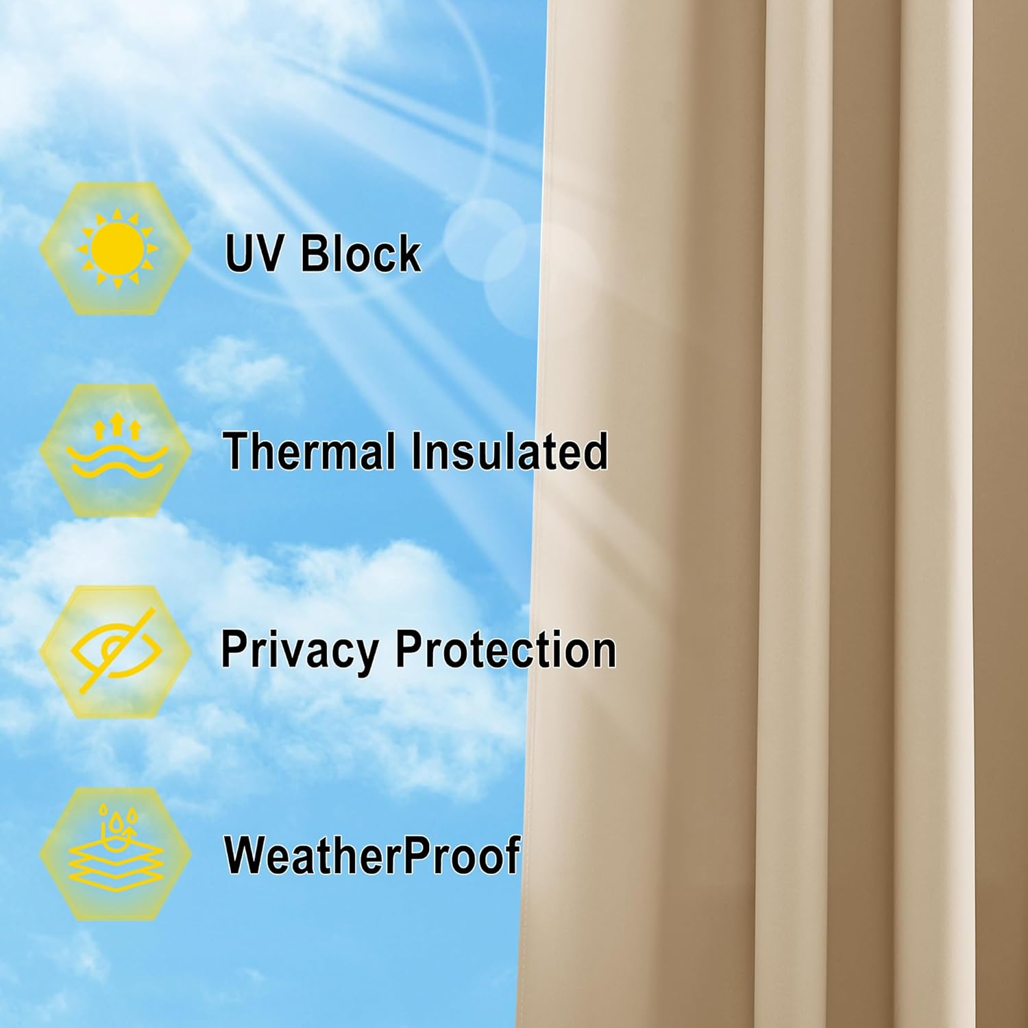 NICETOWN Outdoor Curtains for Patio Waterproof 95" L, Blackout Gazebo Curtain for Pergola/Porch Weatherproof, UV & Privacy Protection Outside Drape, 52" Wide, 1 Panel, Biscotti Beige