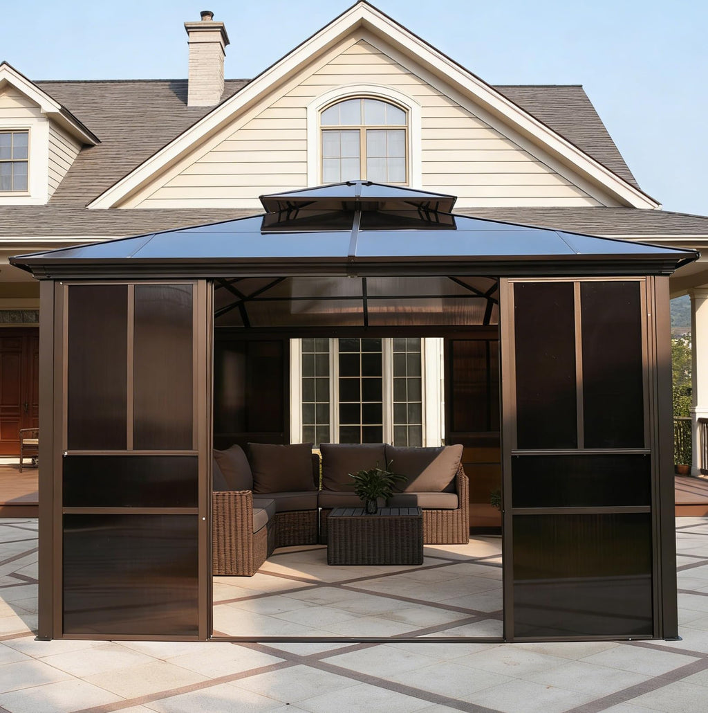 YOLENY 10'x13' Hardtop Gazebo, Outdoor Polycarbonate Double Roof Canopy, Aluminum Frame Permanent Pavilion with Curtains and Netting, Sunshade for Garden, Lawns, Patio