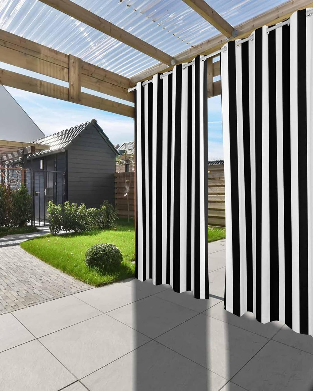 Striped Outdoor Curtains for Patio Waterproof Weatherproof,Black and White Outdoor Curtains,Sun Blocking Privacy Grommet Outside Curtains Weighted Drapes for Gazebo Porch Pergola,1 Panel,54W x 108L