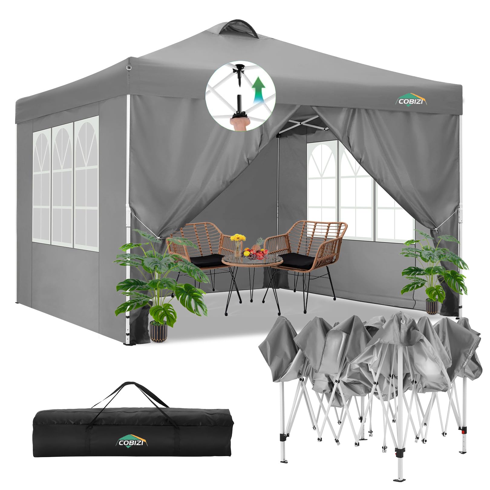 COBIZI Canopy 10x20 Pop Up Canopy Tent with 6 Sidewalls, One Push Party Tents for Parties Outdoor Wedding Waterproof Gazebo Commercial Event Tent with Sandbags, Black