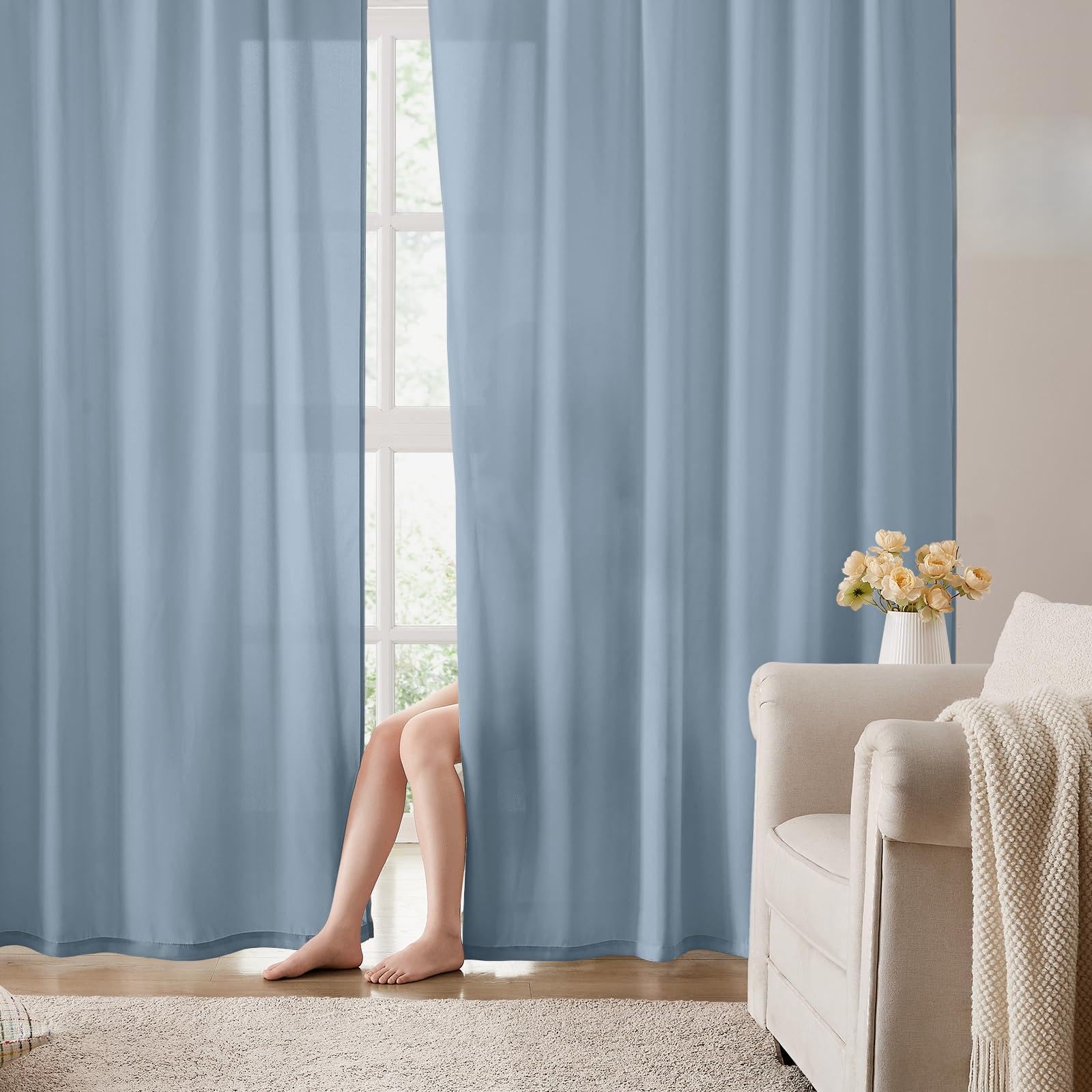 HOMEIDEAS Non-See-Through White Privacy Semi Sheer Curtains 84 Inches Long 2 Panels Set Light Filtering Curtains for Living Room Bedroom Outdoor Drapes, W52xL84