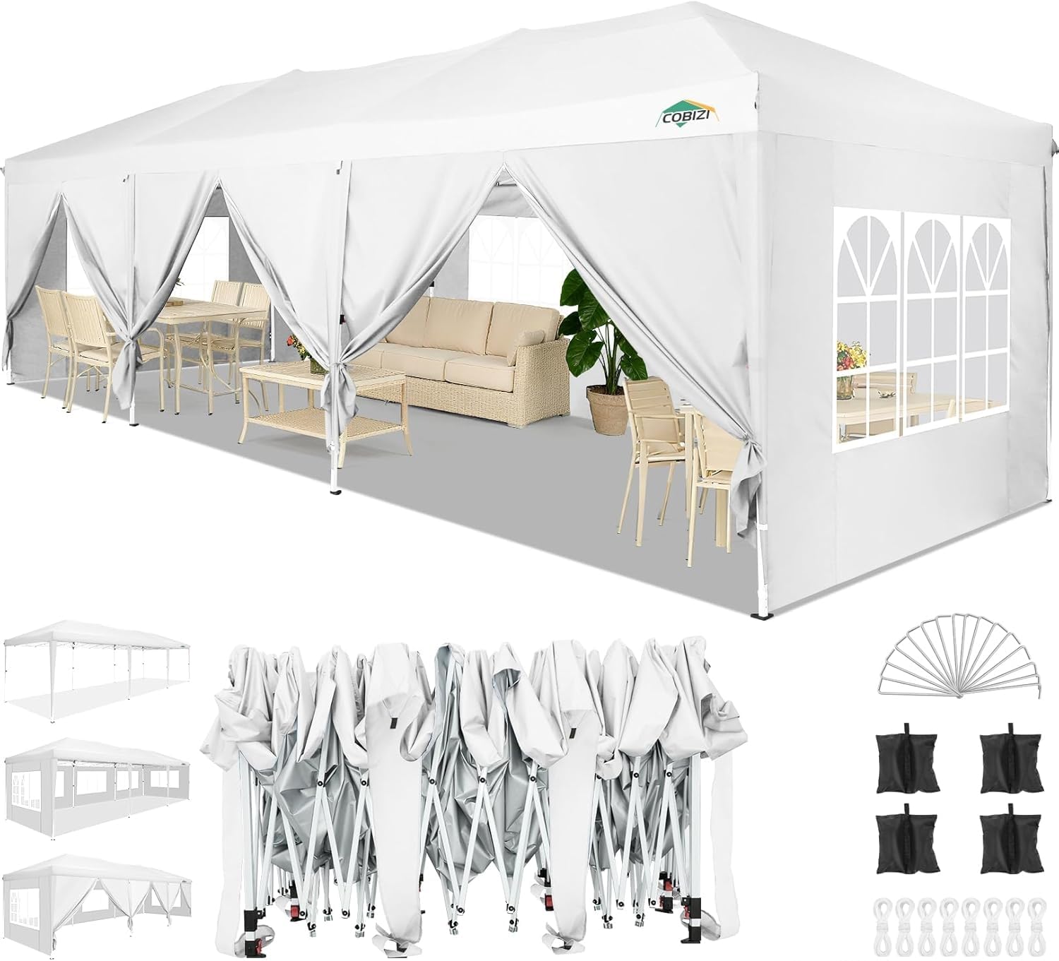 COBIZI 10x20 FT Pop up Canopy Tent with Sidewalls, Party Tents for Parties, Carpas para Fiestas, Easy Set Large Outdoor Popup Patio Gazebo for Backyard,Weddings,Vendor,Commercial Event,White (Upgrade)