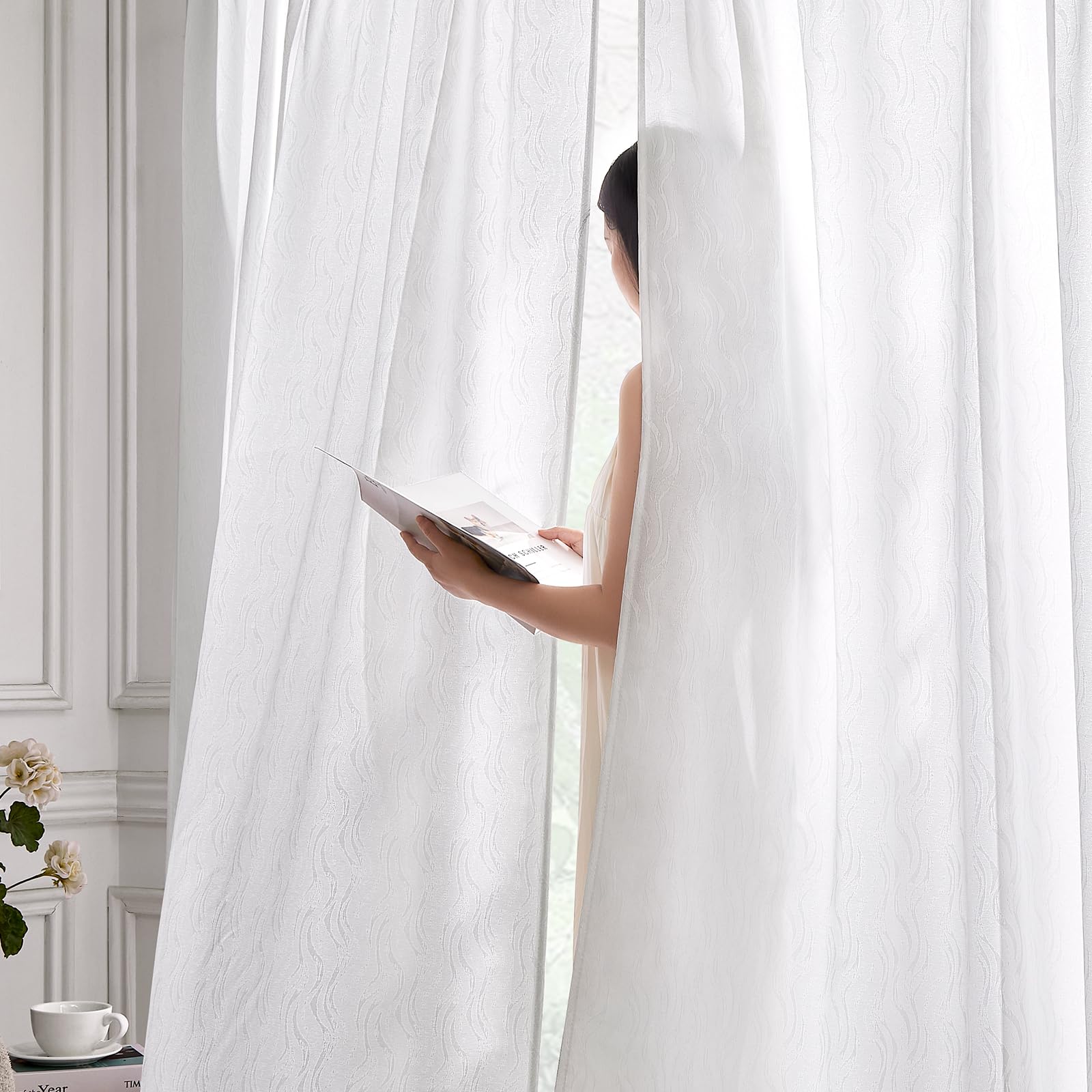 HOMEIDEAS Non-See-Through White Privacy Semi Sheer Curtains 84 Inches Long 2 Panels Set Light Filtering Curtains for Living Room Bedroom Outdoor Drapes, W52xL84