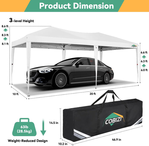COBIZI 10x20 FT Pop up Canopy Tent with Sidewalls, Party Tents for Parties, Carpas para Fiestas, Easy Set Large Outdoor Popup Patio Gazebo for Backyard,Weddings,Vendor,Commercial Event,White (Upgrade)