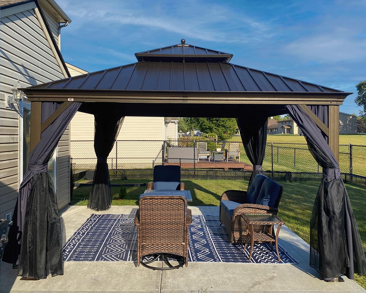 PURPLE LEAF 10' X 12' Hardtop Gazebo Canopy with Netting and Curtains for Outdoor Deck Backyard Heavy Duty Sunshade Outside Metal Patio Permanent Pavilion