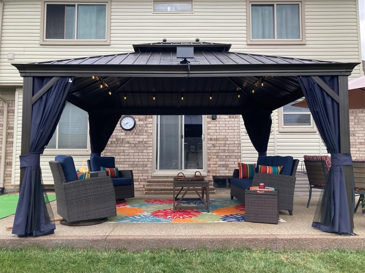 PURPLE LEAF 10' X 12' Hardtop Gazebo Canopy with Netting and Curtains for Outdoor Deck Backyard Heavy Duty Sunshade Outside Metal Patio Permanent Pavilion